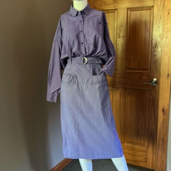 Vintage Regarde Purple pinstriped polka dot Cotton Dress Small - Picture 3 of 10